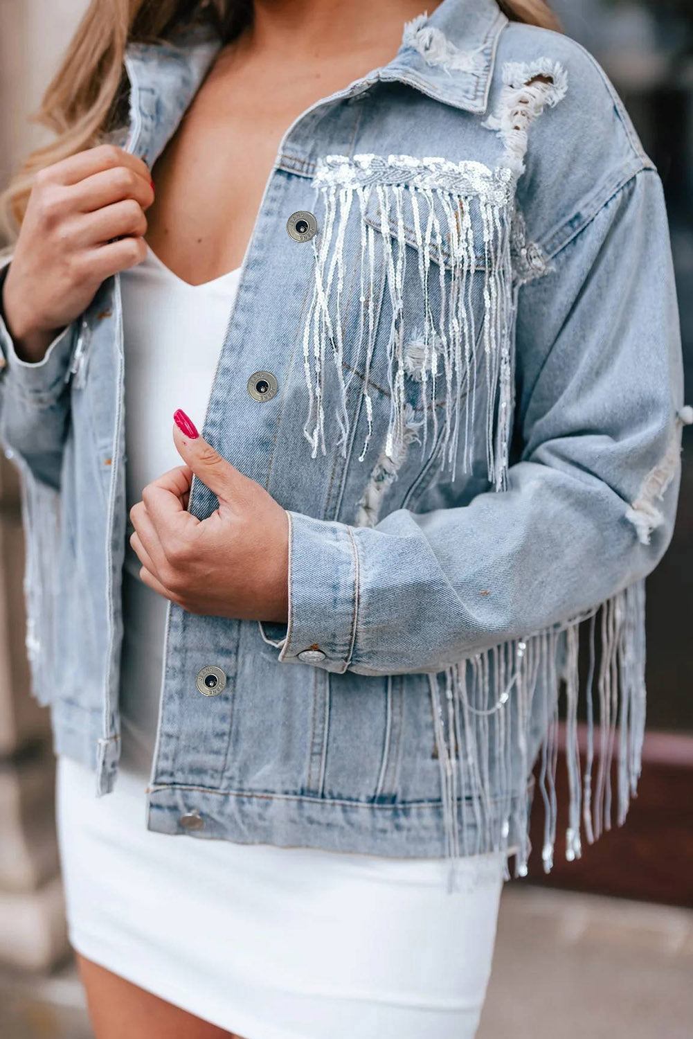 Sequin & Fringe Distressed Denim Jacket