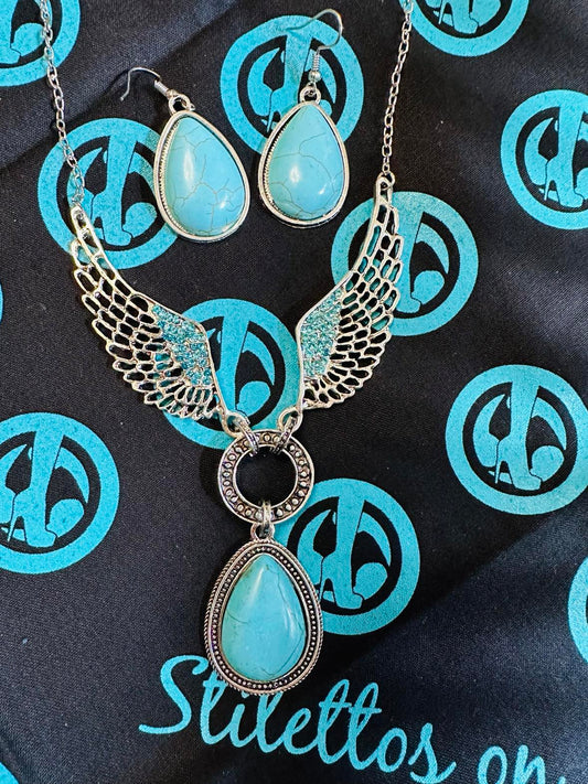 Turquoise Crystal Wing Necklace Set