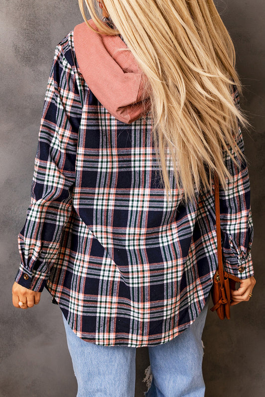 Pink Hooded Drawstring Plaid Shacket