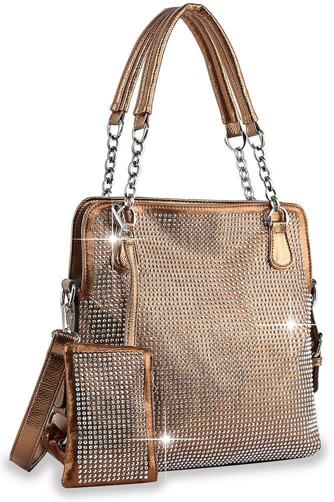 Rhinestone Covered Accessorized Shoulder Bag - Bronze