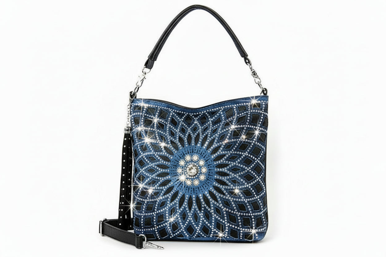 Rhinestone Sunburst Design Layered Hobo - Blue-Black