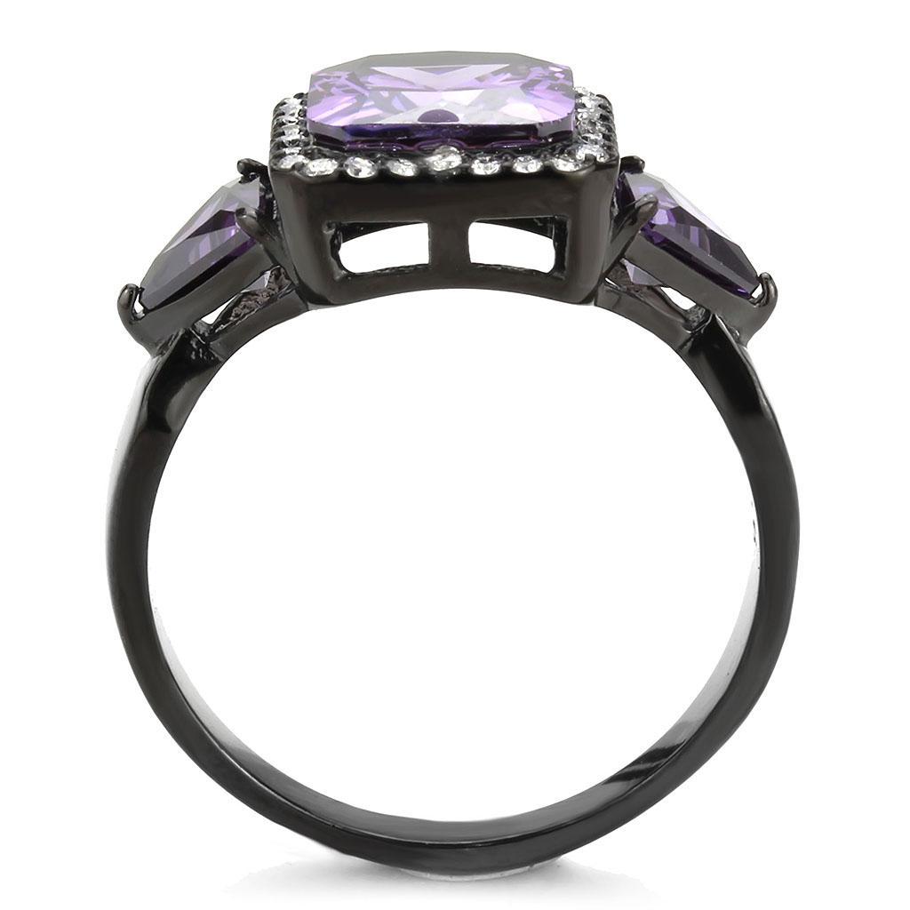 DA346 - IP Black(Ion Plating) Stainless Steel Ring with AAA Grade CZ in Amethyst-2