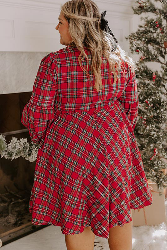 Red Plus Size Plaid Half Button Long Sleeve Holiday Dress