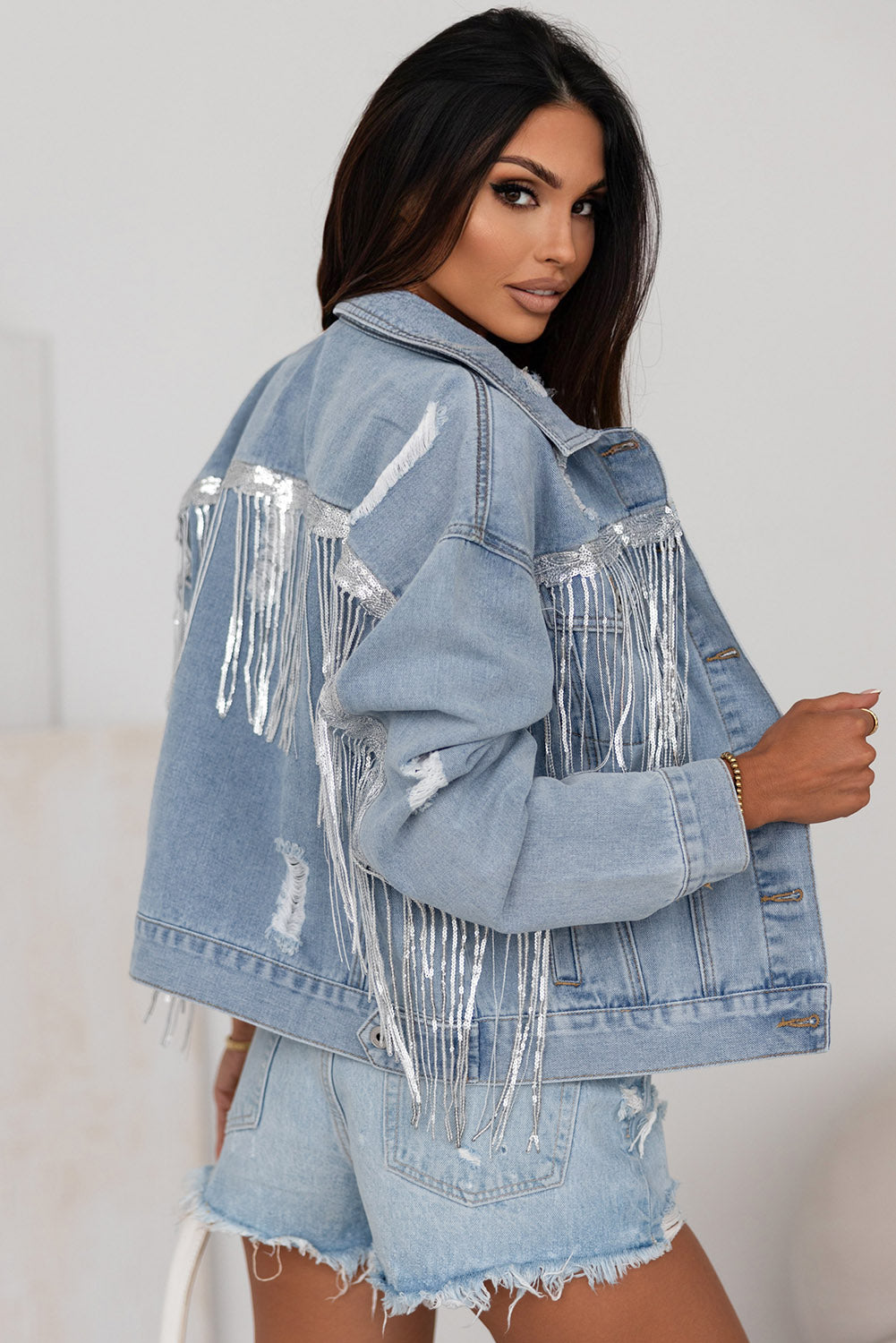 Sequin & Fringe Distressed Denim Jacket