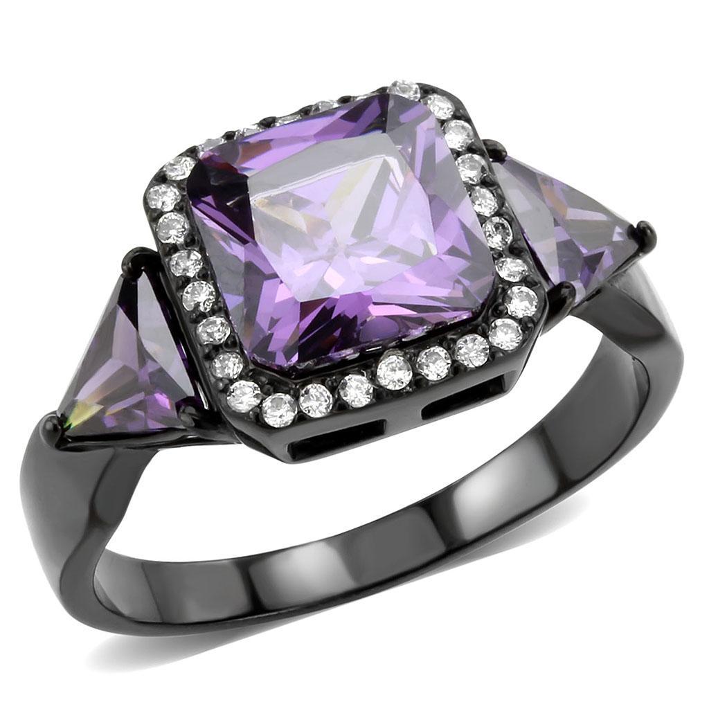 DA346 - IP Black(Ion Plating) Stainless Steel Ring with AAA Grade CZ in Amethyst-0