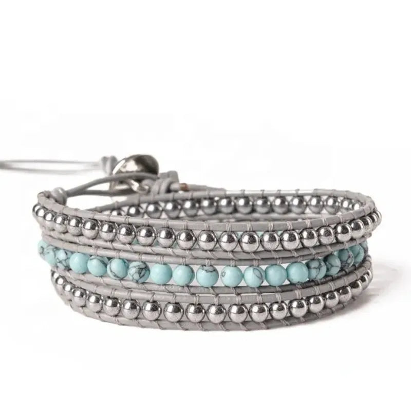 Turquoise & Silver Beaded Wrap Bracelet