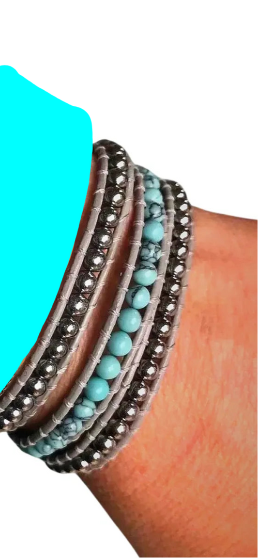 Turquoise & Silver Beaded Wrap Bracelet