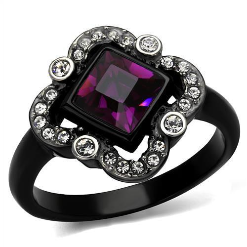 TK2489 - Two-Tone IP Black Stainless Steel Ring with Top Grade Crystal  in Fuchsia-0