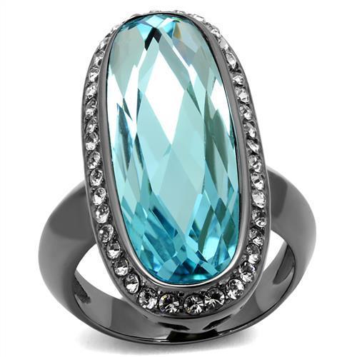 TK2804 - IP Light Black (IP Gun) Stainless Steel Ring with Top Grade Crystal in Sea Blue-0