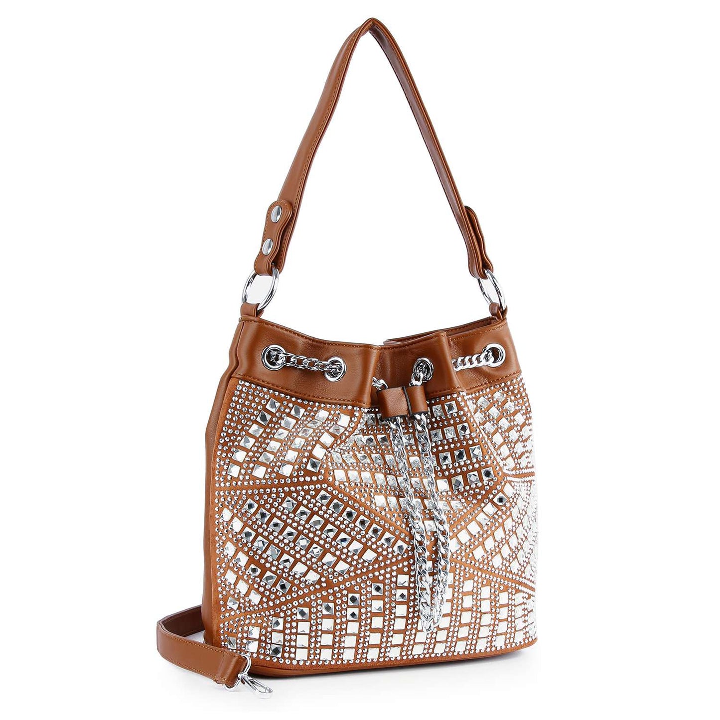 Rhinestone Bling Drawstring Hobo  - Cognac