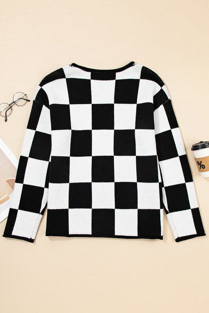 Black Checked Notched Neckline Drop Shoulder Knit Sweater