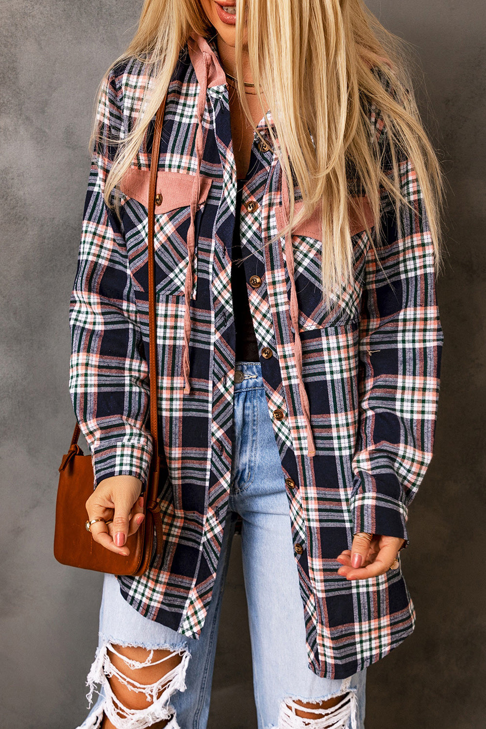 Pink Hooded Drawstring Plaid Shacket