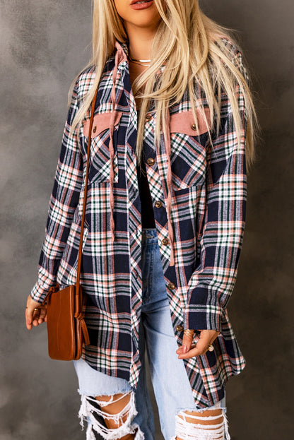 Pink Hooded Drawstring Plaid Shacket