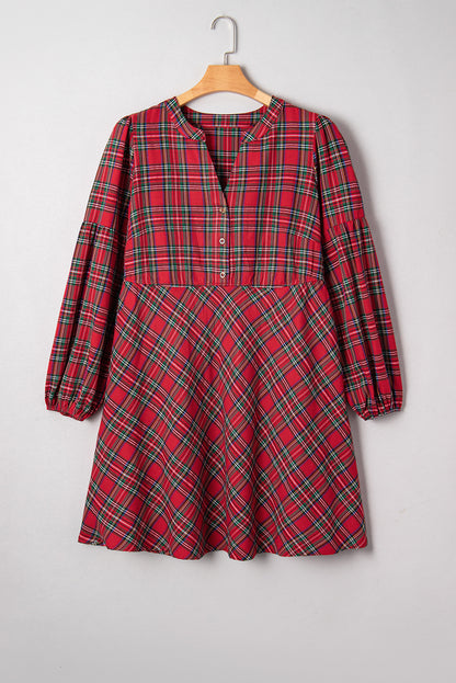 Red Plus Size Plaid Half Button Long Sleeve Holiday Dress