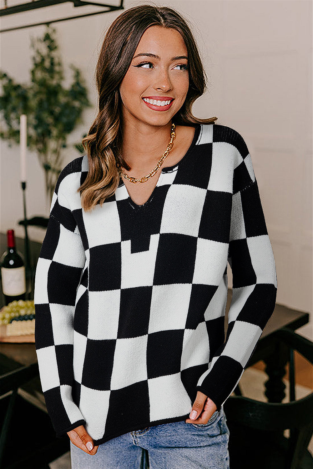 Black Checked Notched Neckline Drop Shoulder Knit Sweater