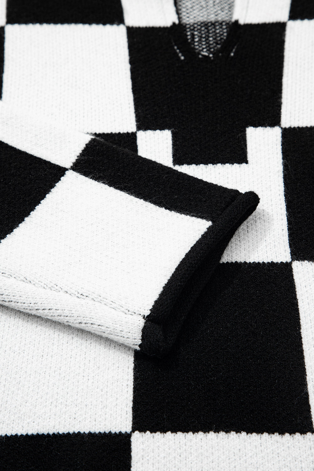 Black Checked Notched Neckline Drop Shoulder Knit Sweater