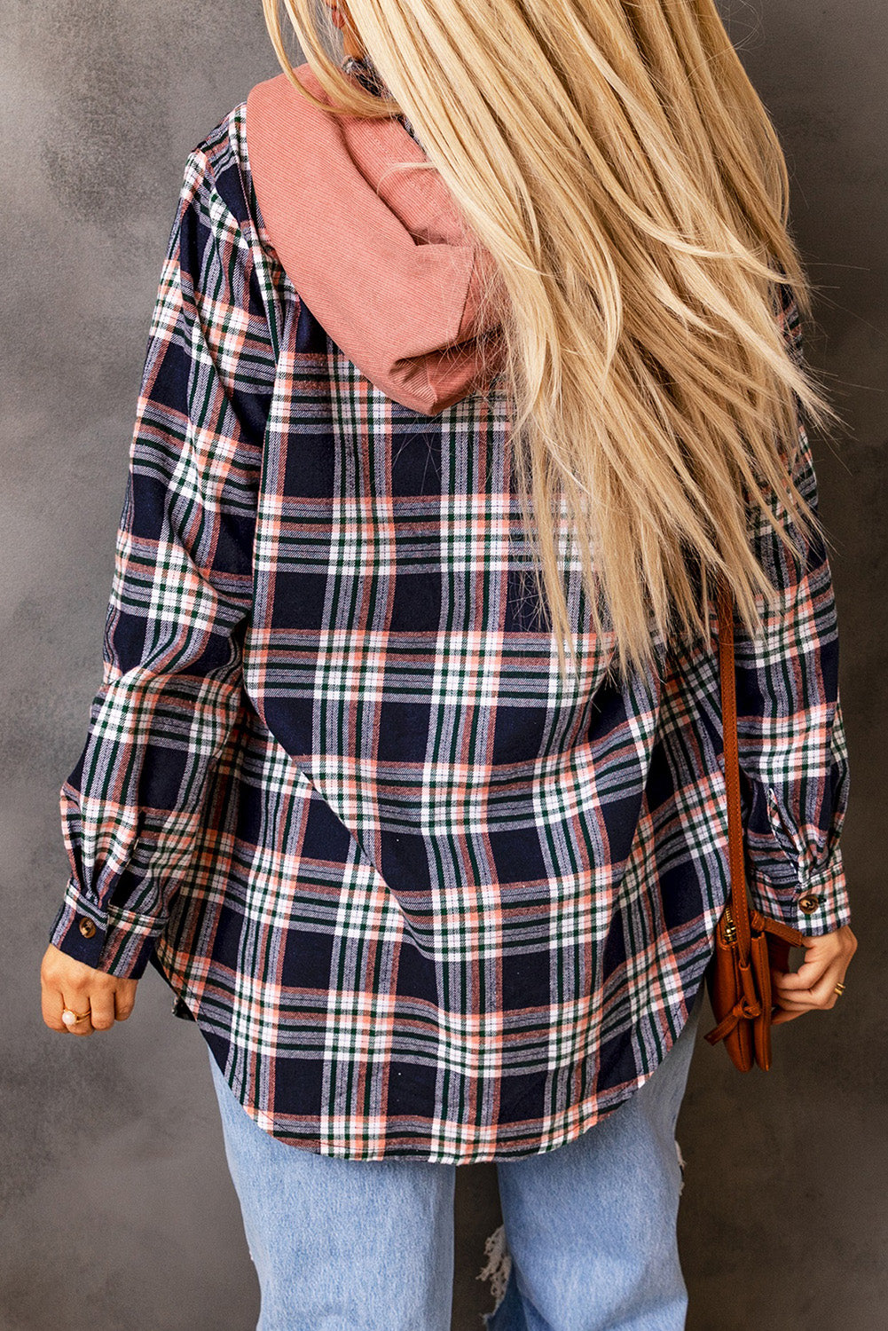 Pink Hooded Drawstring Plaid Shacket