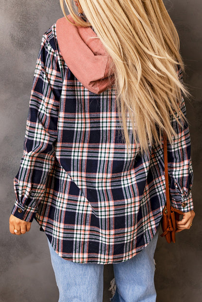 Pink Hooded Drawstring Plaid Shacket