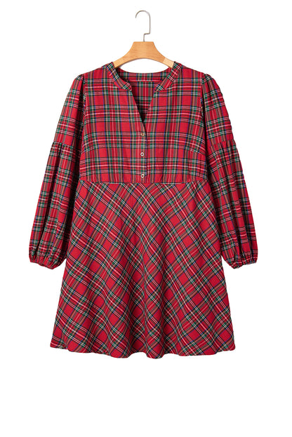 Red Plus Size Plaid Half Button Long Sleeve Holiday Dress