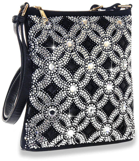 Brilliant Rhinestone Pattern Crossbody Sling - Black - Black