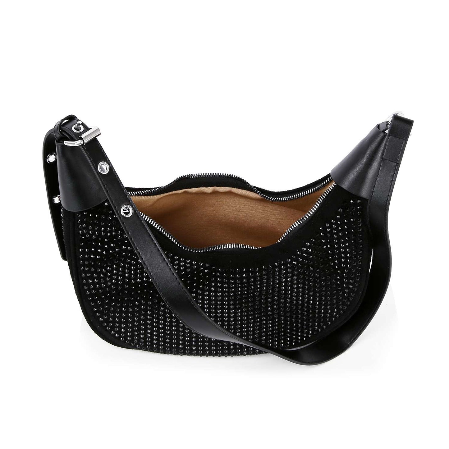 Rhinestone Covered Hobo Shoulder Bag - Black