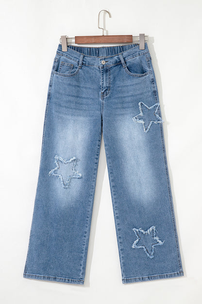 Stone Blue Star Patchwork Cropped Wide Leg High Waist Jeans