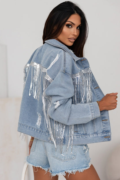 Sequin & Fringe Distressed Denim Jacket