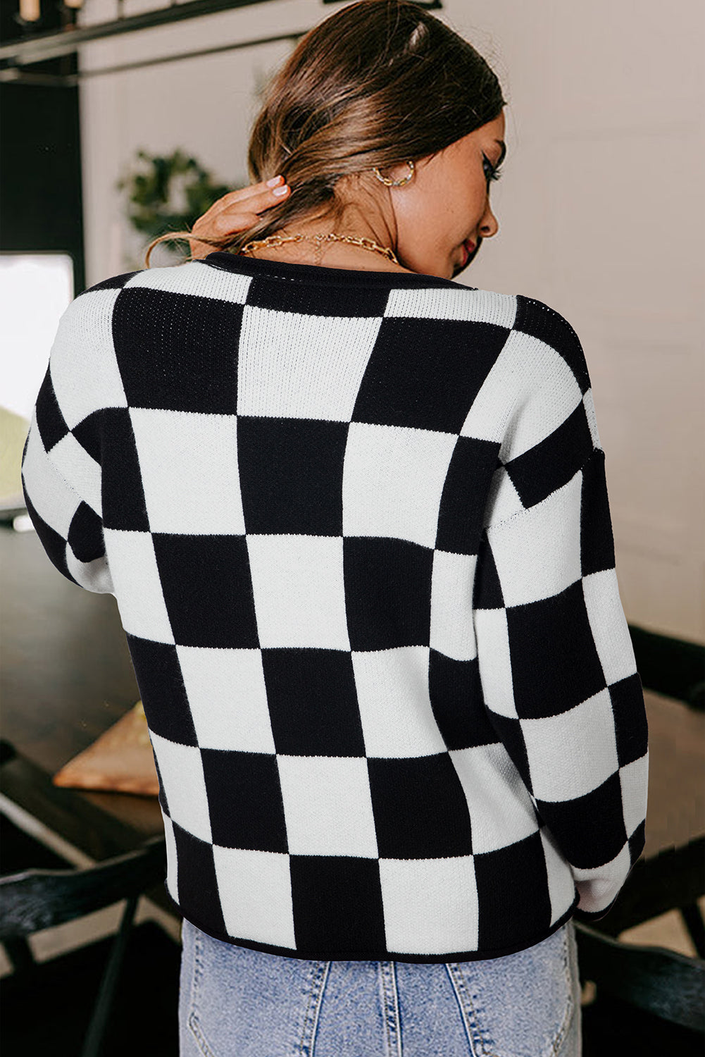Black Checked Notched Neckline Drop Shoulder Knit Sweater