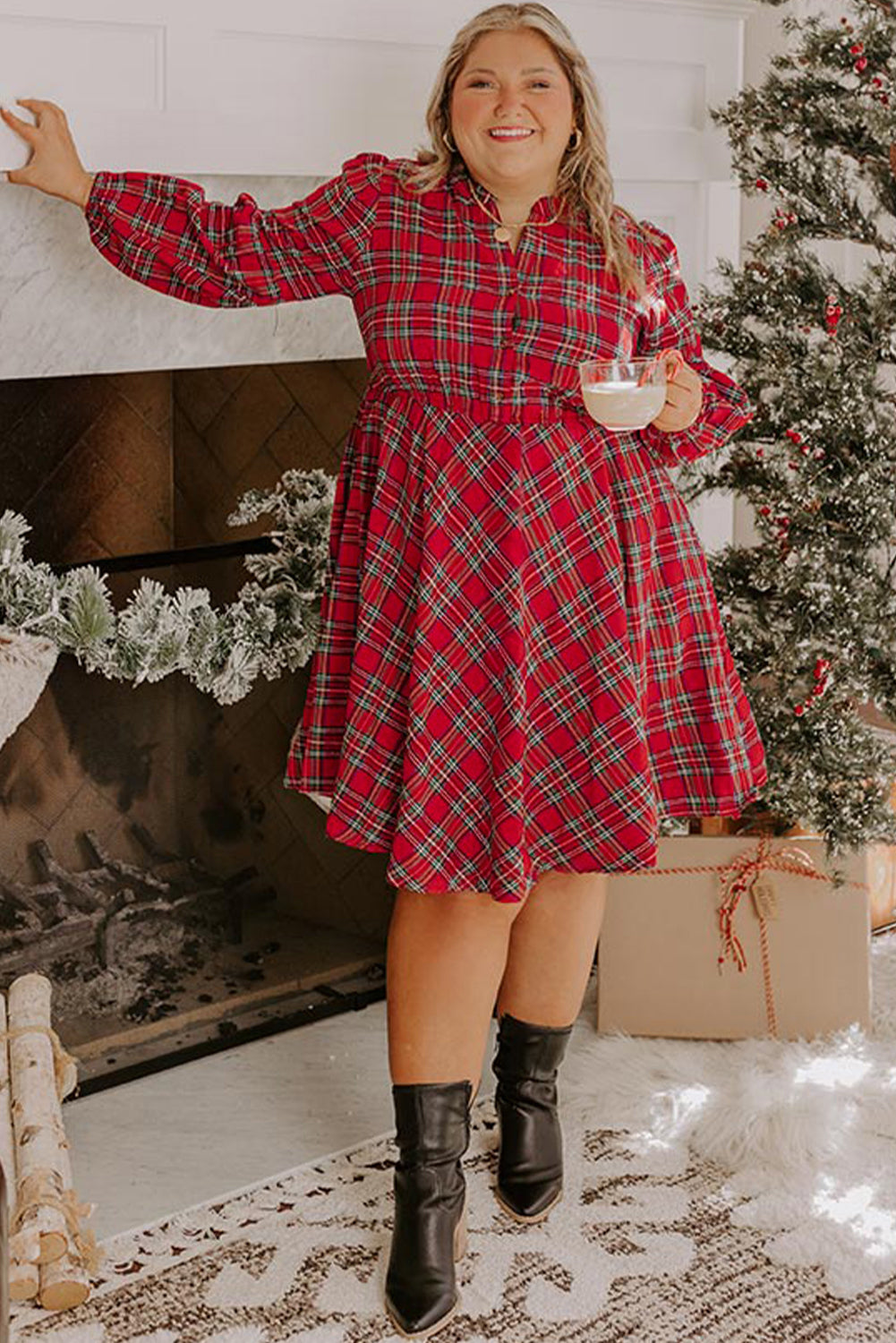 Red Plus Size Plaid Half Button Long Sleeve Holiday Dress