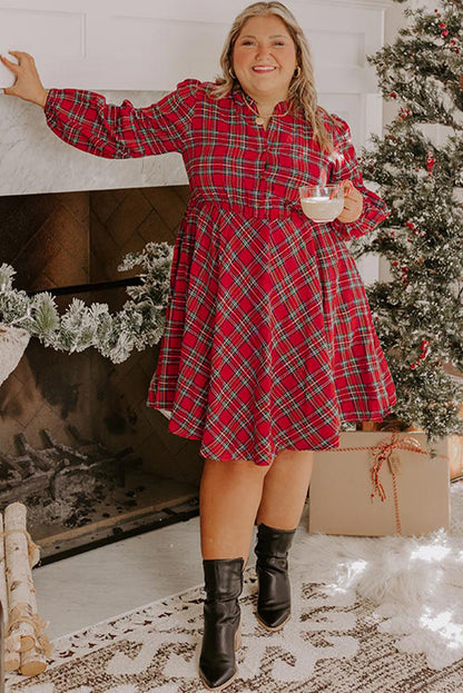 Red Plus Size Plaid Half Button Long Sleeve Holiday Dress