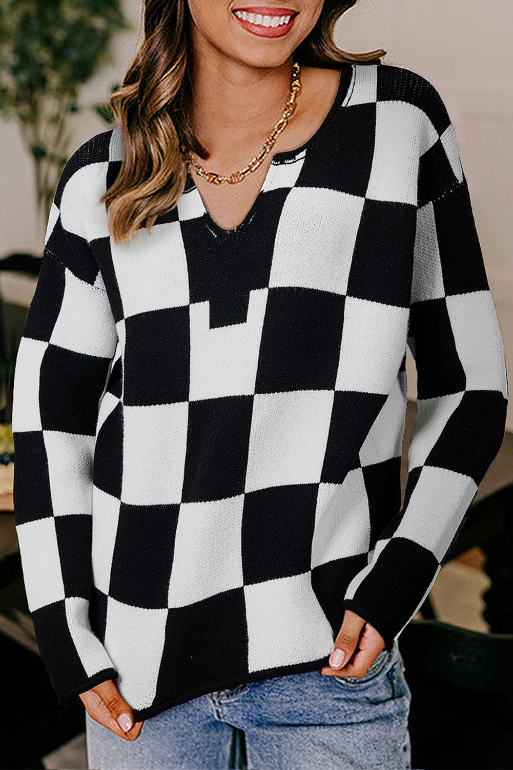 Black Checked Notched Neckline Drop Shoulder Knit Sweater