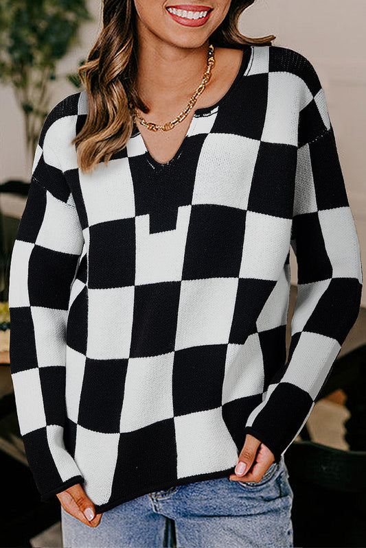 Black Checked Notched Neckline Drop Shoulder Knit Sweater