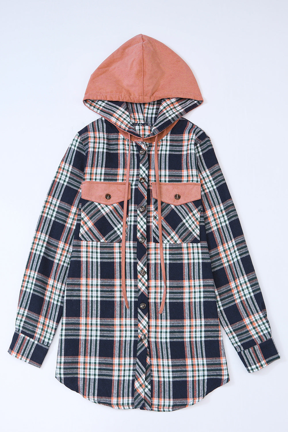 Pink Hooded Drawstring Plaid Shacket