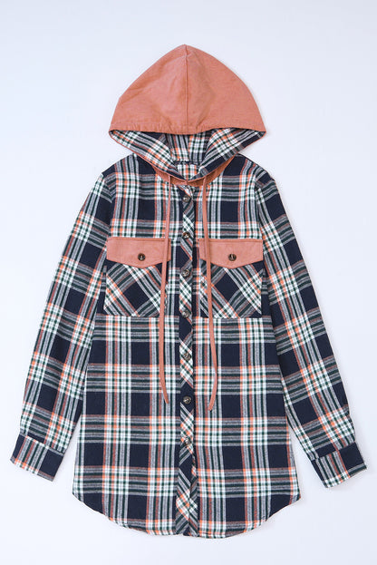 Pink Hooded Drawstring Plaid Shacket