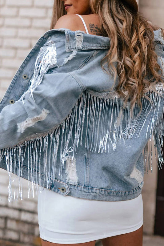 Sequin & Fringe Distressed Denim Jacket
