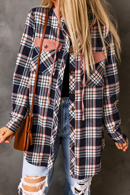 Pink Hooded Drawstring Plaid Shacket
