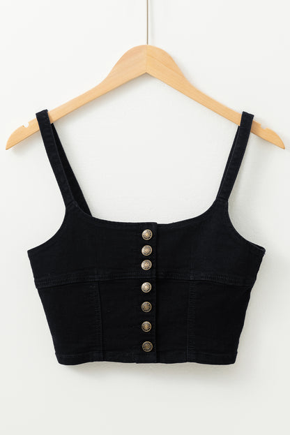 Black Acid Wash Buttoned Cropped Slim Denim Tank Top