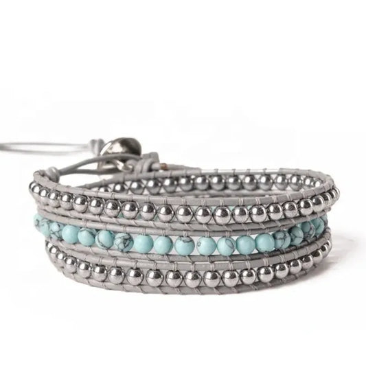 Turquoise & Silver Beaded Wrap Bracelet